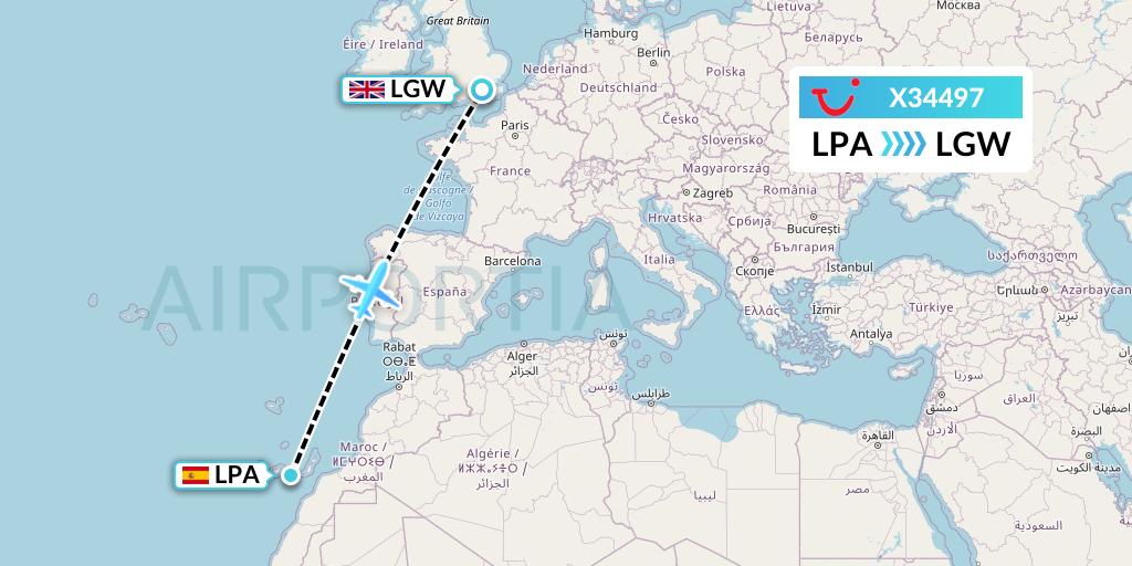 X34497 TUI fly Germany Flight Map: Las Palmas to London