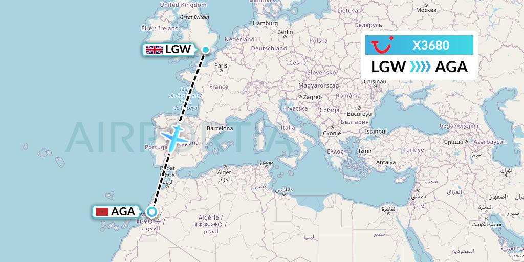 X3680 TUI fly Germany Flight Map: London to Agadir
