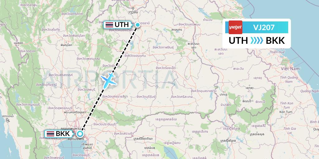 VJ207 VietJet Air Flight Map: Udon Thani to Bangkok