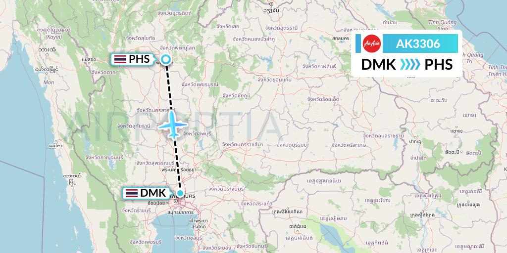 AK3306 AirAsia Flight Map: Bangkok to Phitsanulok