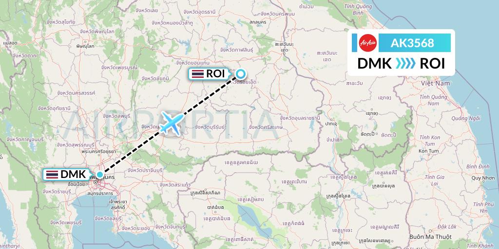 AK3568 AirAsia Flight Map: Bangkok to Roi Et