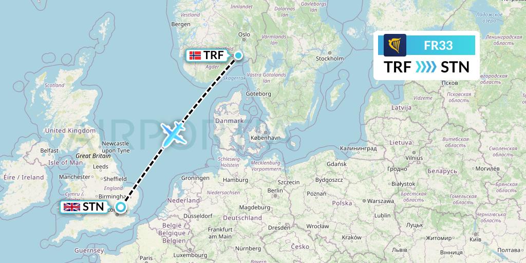 FR33 Ryanair Flight Map: Oslo to London