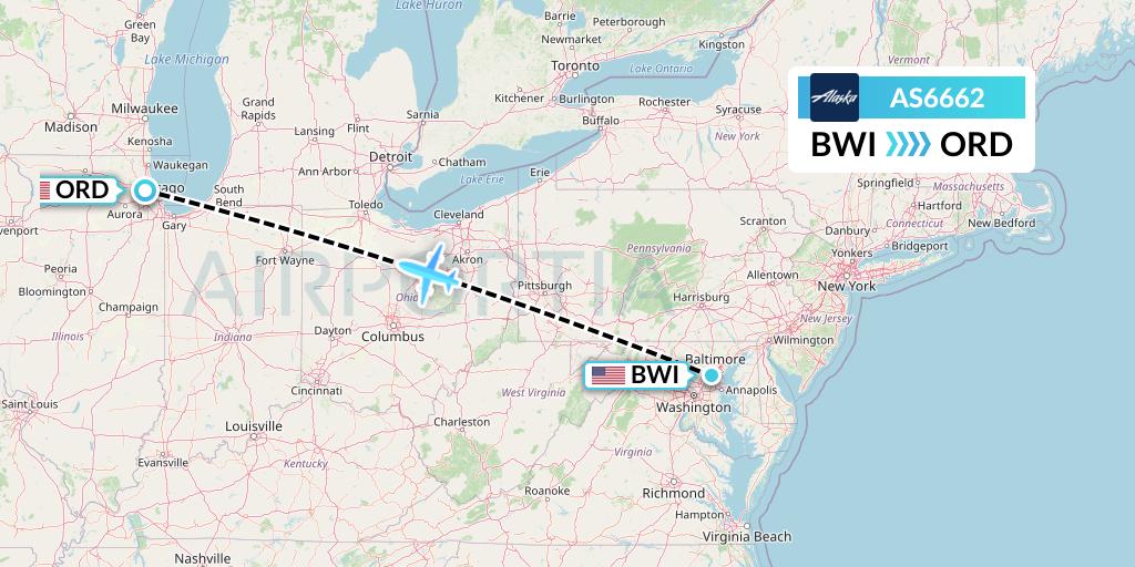 AS6662 Alaska Airlines Flight Map: Baltimore to Chicago