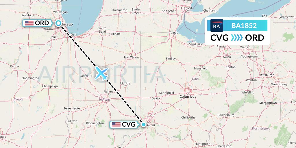 BA1852 British Airways Flight Map: Cincinnati to Chicago