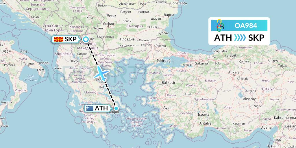 OA984 Olympic Air Flight Map: Athens to Skopje