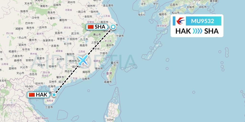 MU9532 China Eastern Airlines Flight Map: Haikou to Shanghai