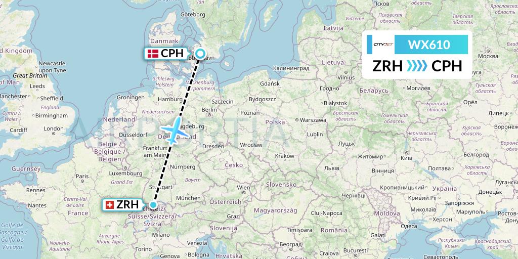 WX610 Cityjet Flight Map: Zurich to Copenhagen