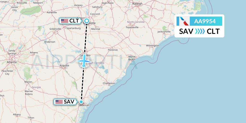 AA9954 American Airlines Flight Map: Savannah to Charlotte