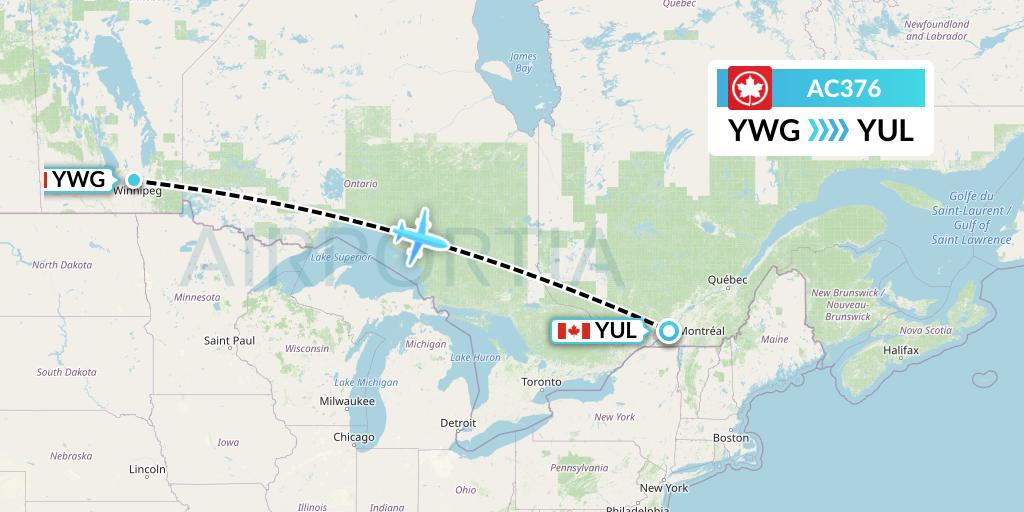 AC376 Air Canada Flight Map: Winnipeg to Montreal