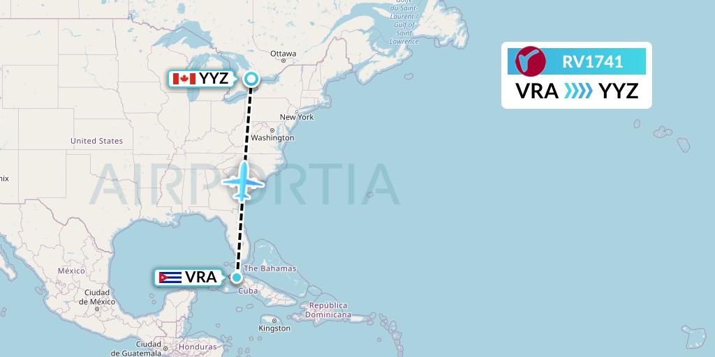 RV1741 Air Canada Rouge Flight Map: Varadero to Toronto