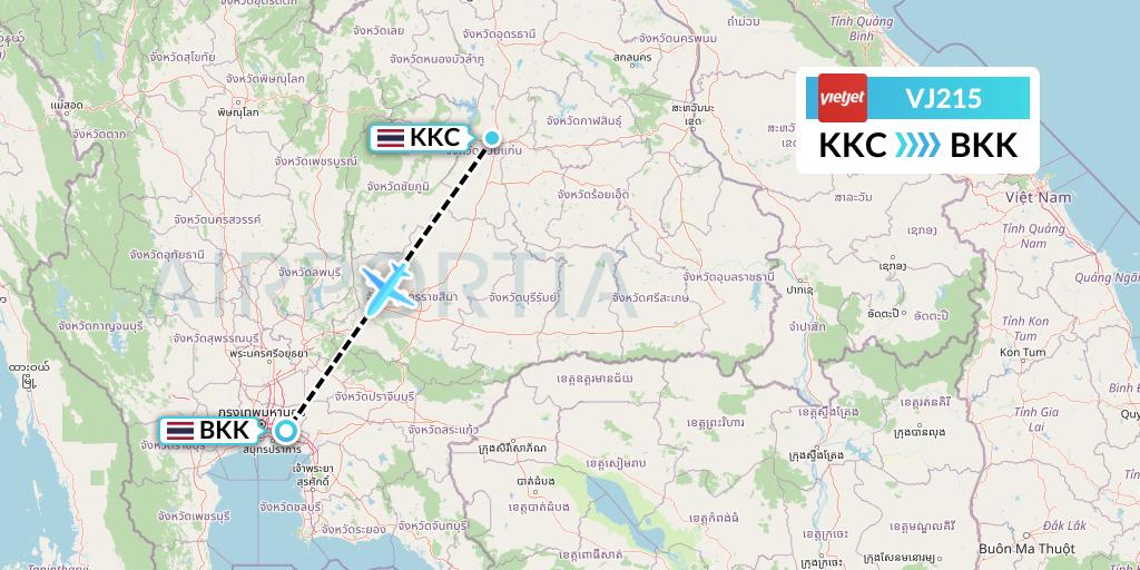VJ215 VietJet Air Flight Map: Khon Kaen to Bangkok