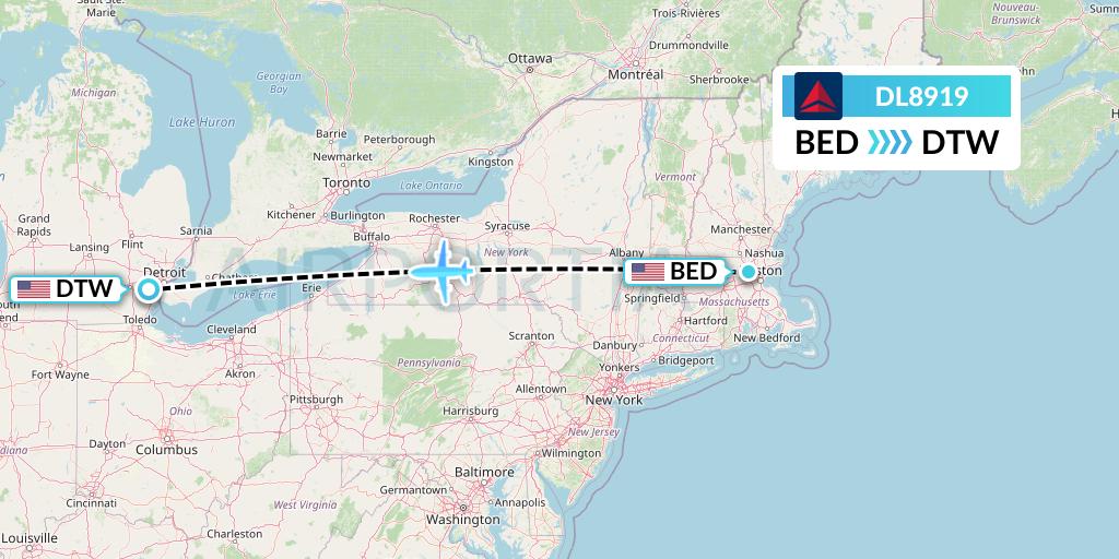 DL8919 Delta Air Lines Flight Map: Bedford to Detroit