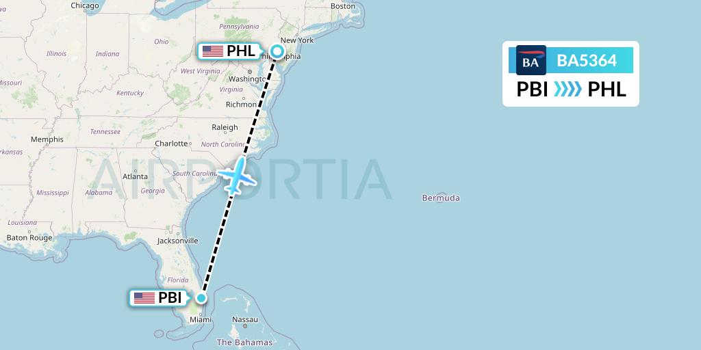 BA5364 British Airways Flight Map: West Palm Beach to Philadelphia