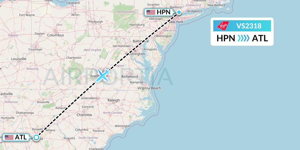 VS2318 Virgin Atlantic Airways Flight Map: White Plains to Atlanta