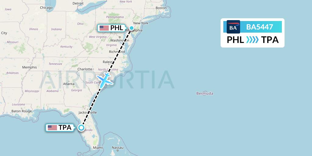 BA5447 British Airways Flight Map: Philadelphia to Tampa