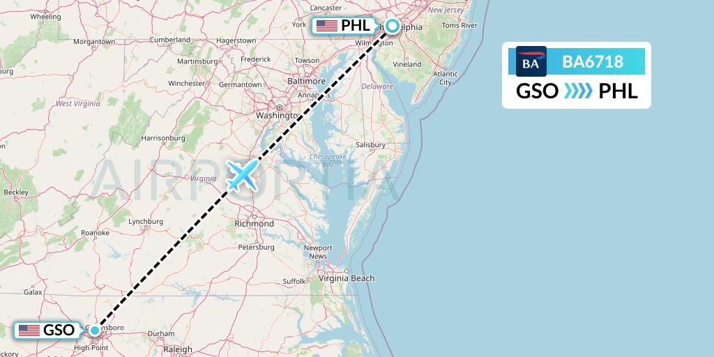 BA6718 British Airways Flight Map: Greensboro to Philadelphia