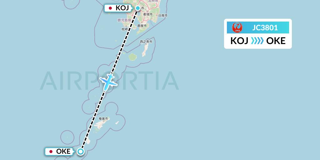 JC3801 Japan Air Commuter Flight Map: Kagoshima to Japan