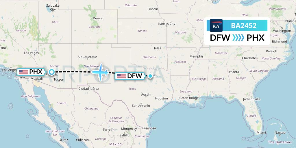BA2452 British Airways Flight Map: Dallas to Phoenix