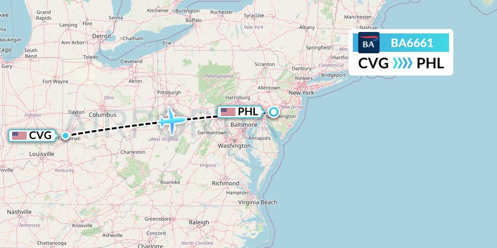 BA6661 British Airways Flight Map: Cincinnati to Philadelphia