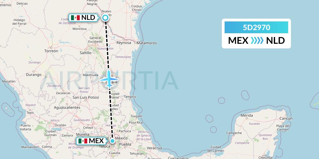 5D2970 Aeromexico Connect Flight Map: Mexico City to Nuevo Laredo