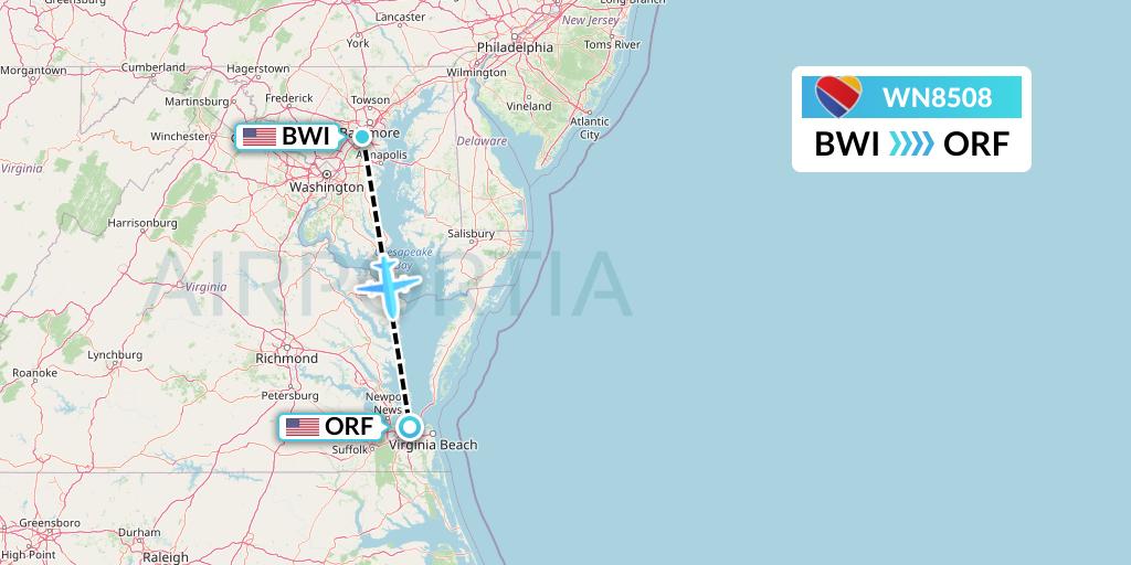 WN8508 Southwest Airlines Flight Map: Baltimore to Norfolk