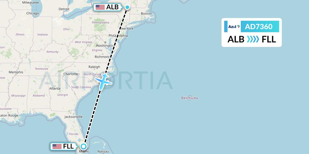 AD7360 Azul Brazilian Airlines Flight Map: Albany to Fort Lauderdale
