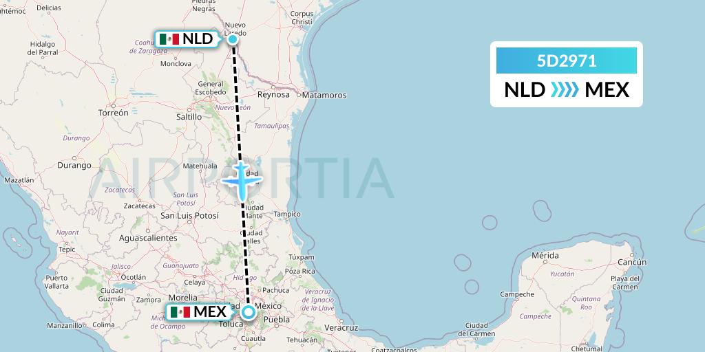 5D2971 Aeromexico Connect Flight Map: Nuevo Laredo to Mexico City