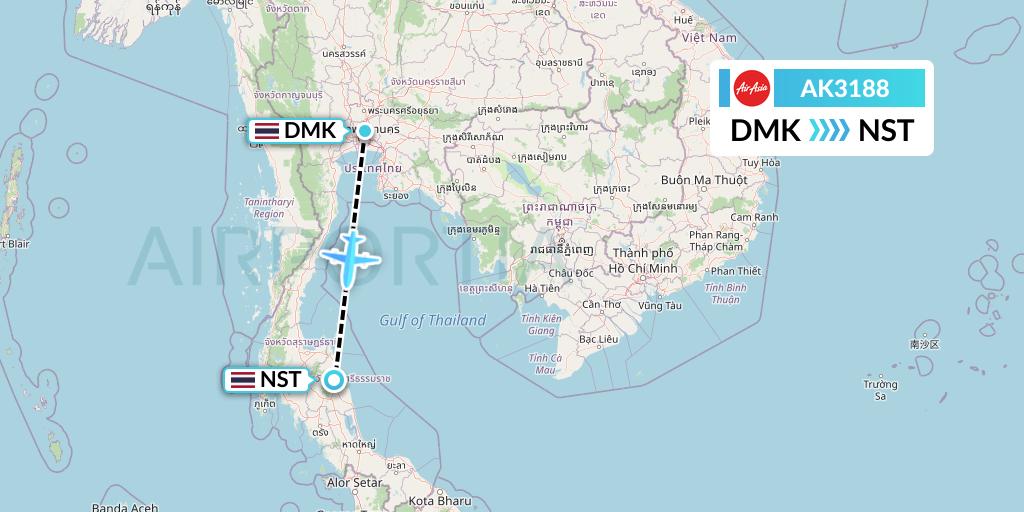 AK3188 AirAsia Flight Map: Bangkok to Nakhon Si Thammarat