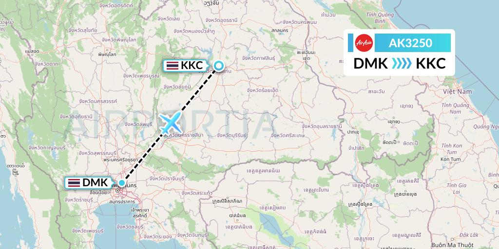 AK3250 AirAsia Flight Map: Bangkok to Khon Kaen