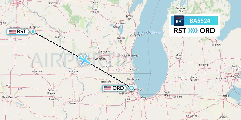 BA5524 British Airways Flight Map: Rochester to Chicago