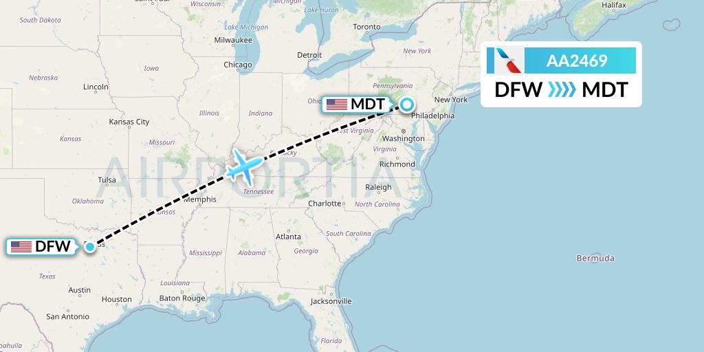 AA2469 American Airlines Flight Map: Dallas to Harrisburg