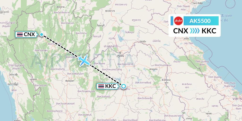AK5500 AirAsia Flight Map: Chiang Mai to Khon Kaen