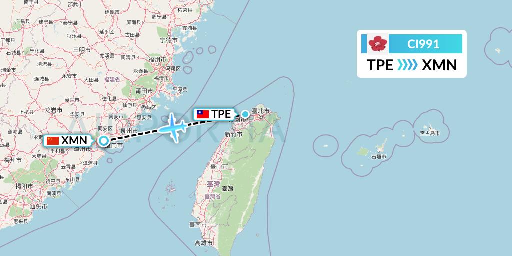 CI991 China Airlines Flight Map: Taipei to Xiamen