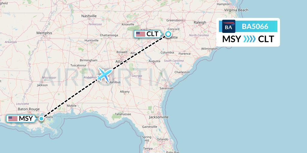 BA5066 British Airways Flight Map: New Orleans to Charlotte