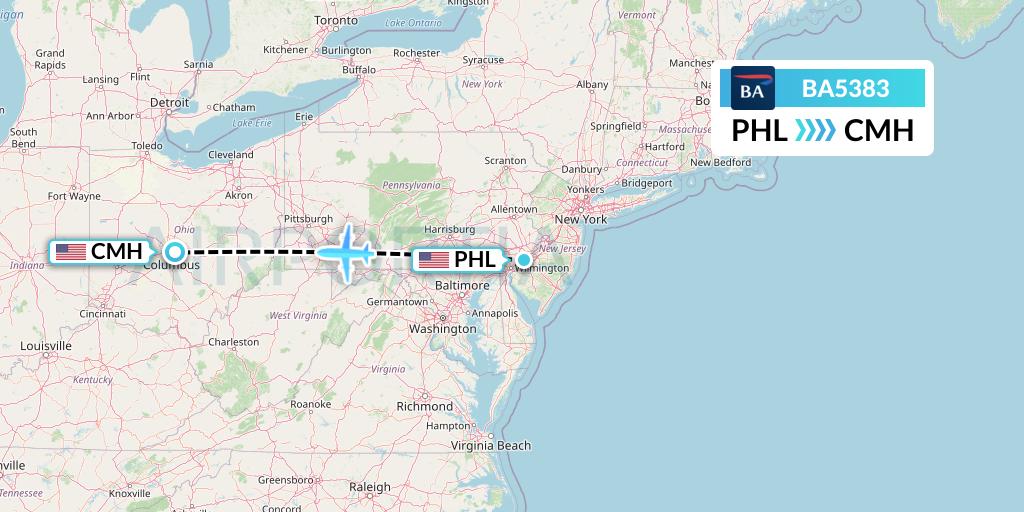 BA5383 British Airways Flight Map: Philadelphia to Columbus