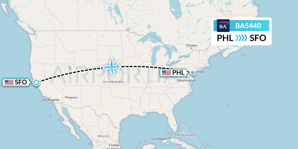 BA5440 British Airways Flight Map: Philadelphia to San Francisco