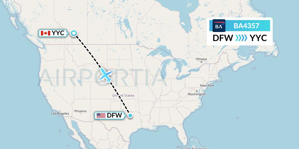BA4357 British Airways Flight Map: Dallas to Calgary