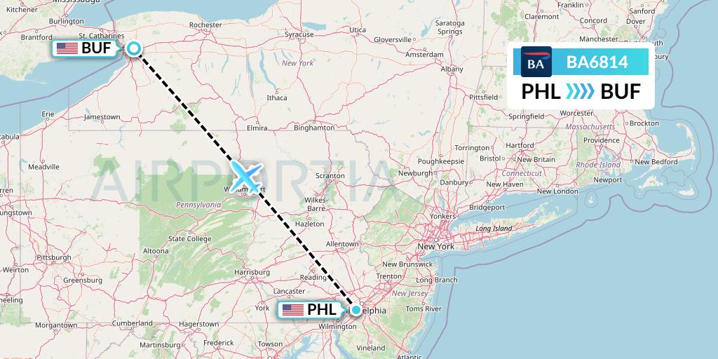 BA6814 British Airways Flight Map: Philadelphia to Buffalo