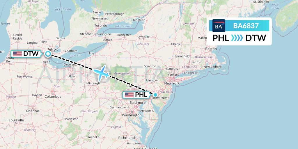 BA6837 British Airways Flight Map: Philadelphia to Detroit