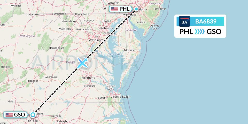 BA6839 British Airways Flight Map: Philadelphia to Greensboro