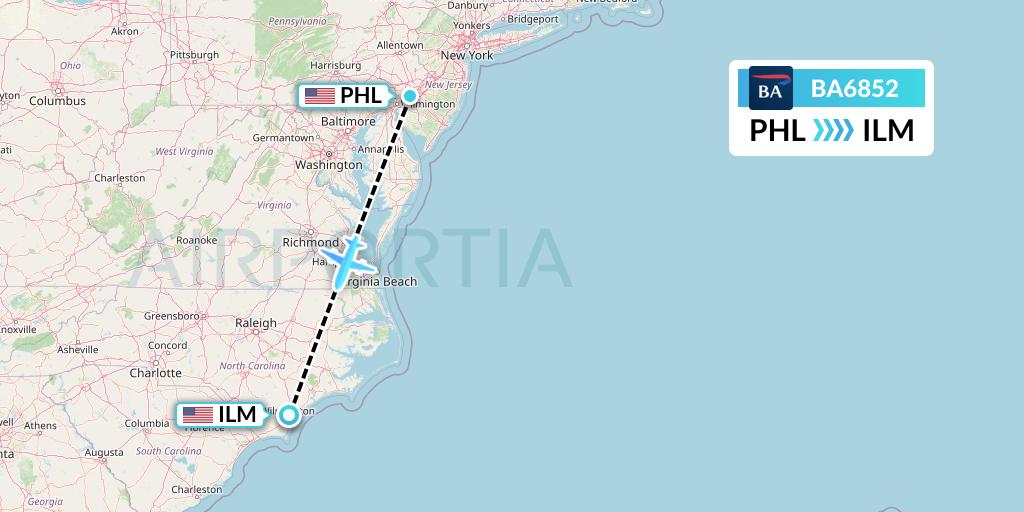 BA6852 British Airways Flight Map: Philadelphia to Wilmington