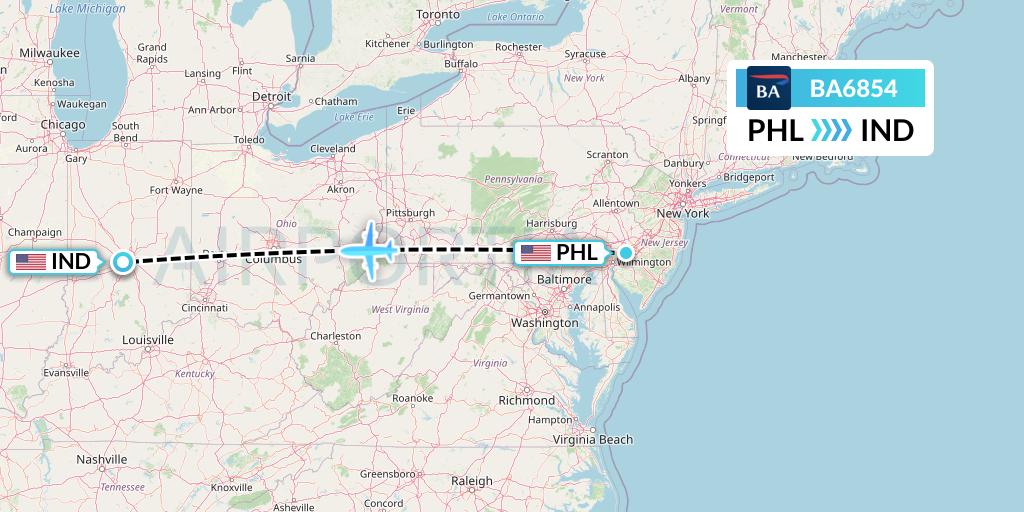 BA6854 British Airways Flight Map: Philadelphia to Indianapolis