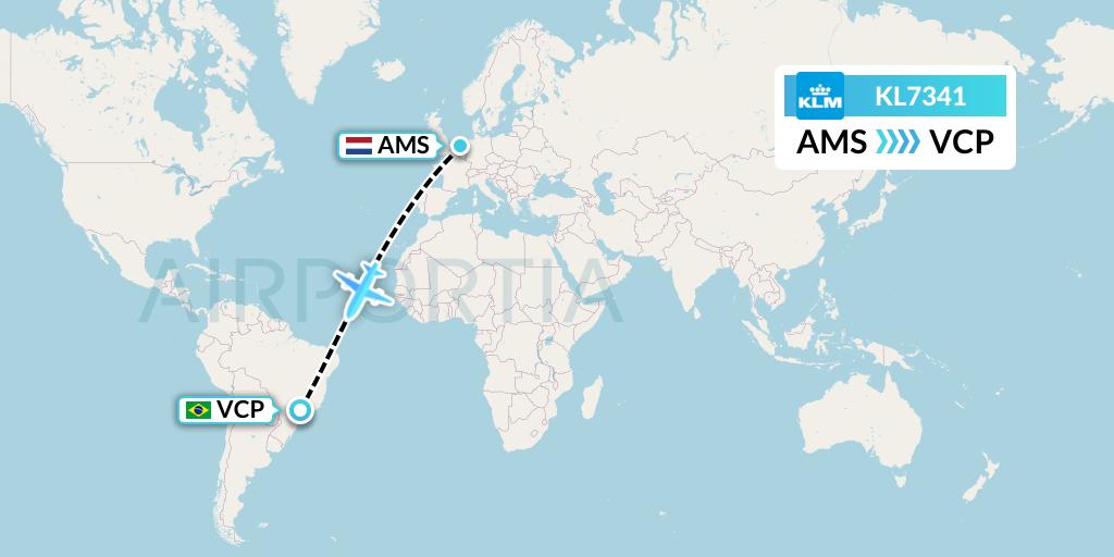 KL7341 KLM Flight Map: Amsterdam to Campinas