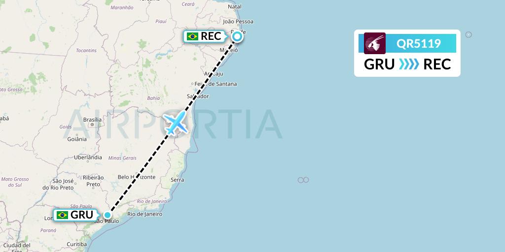 QR5119 Qatar Airways Flight Map: Sao Paulo to Recife