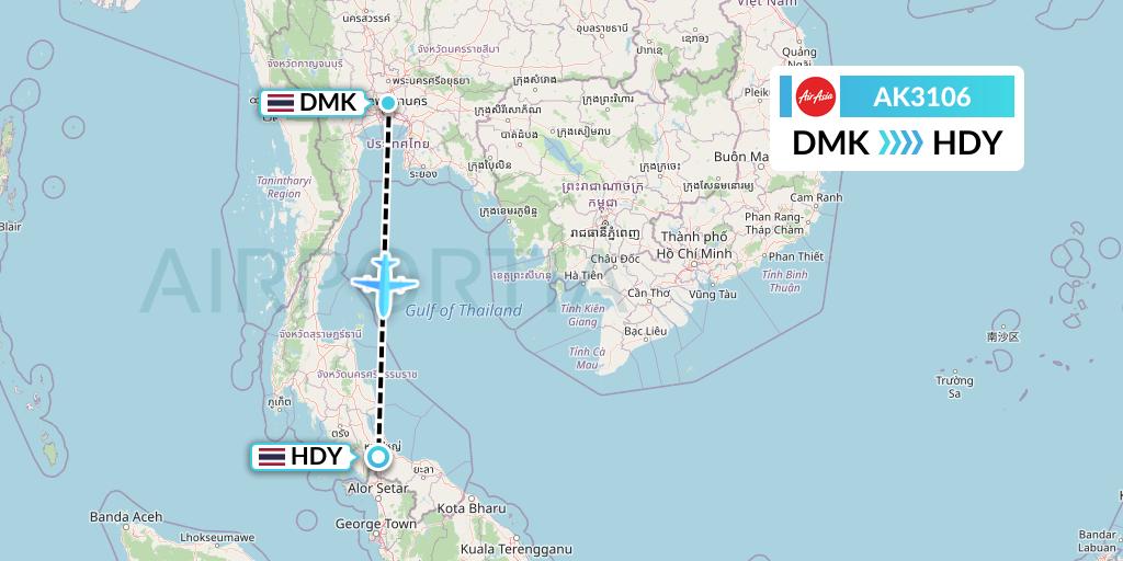 AK3106 AirAsia Flight Map: Bangkok to Hat Yai