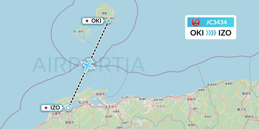 JC3434 Japan Air Commuter Flight Map: Okinoshima to Izumo