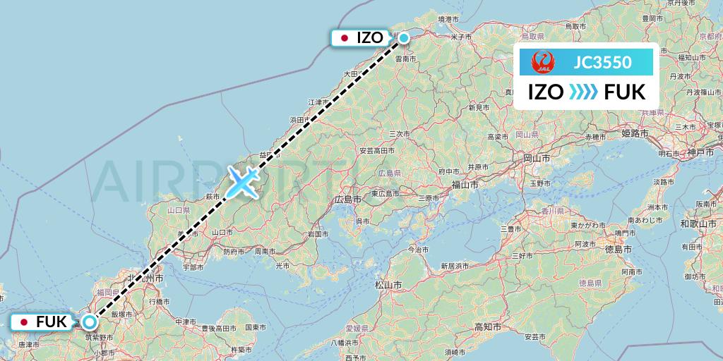 JC3550 Japan Air Commuter Flight Map: Izumo to Fukuoka
