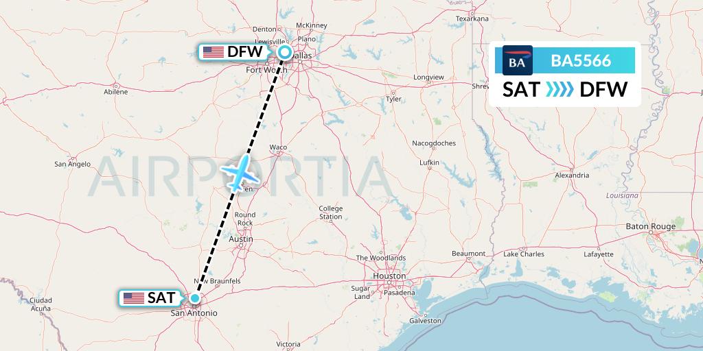 BA5566 British Airways Flight Map: San Antonio to Dallas