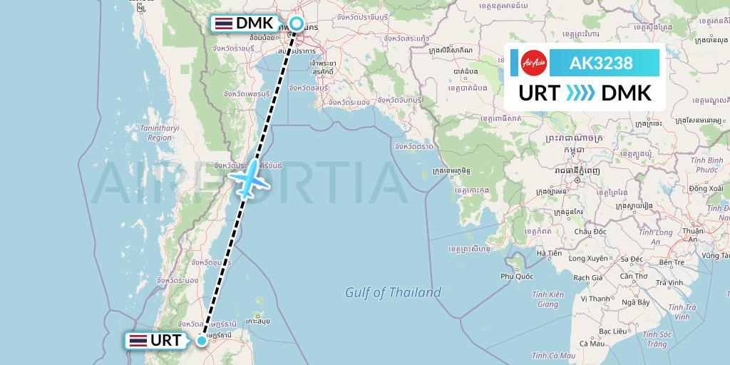 AK3238 AirAsia Flight Map: Surat Thani to Bangkok