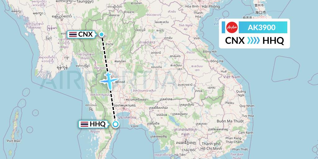 AK3900 AirAsia Flight Map: Chiang Mai to Hua Hin